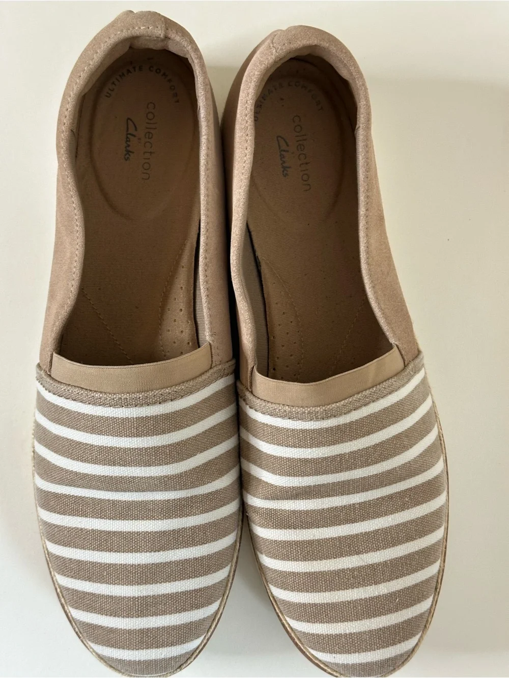 Size 11 Clarks Beige and White Striped Slip-On Flats